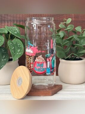 Nail Hustler Glass Tumbler with Bamboo Lid - Nail Tech Gift
